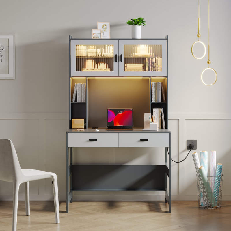 Berwaldt 40" W Rectangle Computer Desk with Hutch and Cabinet, Grey