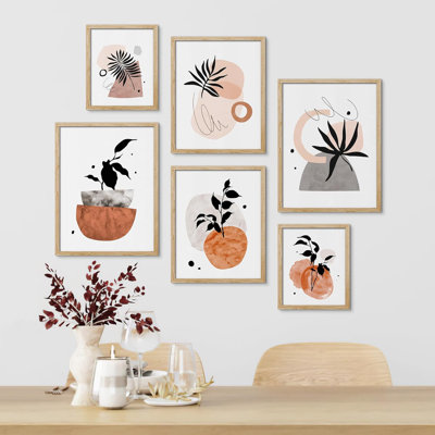 «Collage Retro Plant Silhouette Watercolor Blots Nature Shapes», art moderne encadré sur papier, 6 pièces
