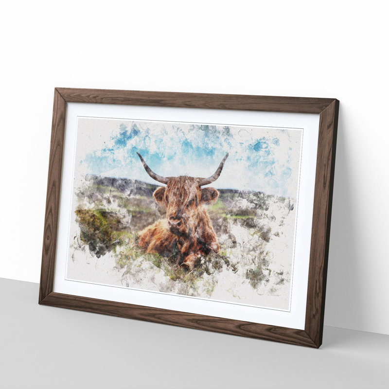 A Resting Highland Cow Watercolour - Single Picture Frame Print on MDF, 36cm H x 48cm W x 2cm D, Walnut Framed