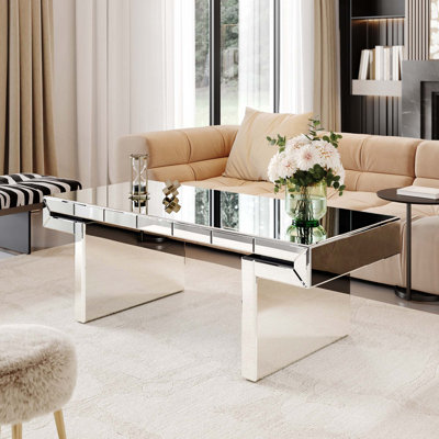 Table basse à miroir rectangulaire de luxe 47 pouces avec verre trempé cannelé, table d'appoint moderne pour canapé, assemblage facile en 2 étapes, style luxueux léger, emballage renforcé