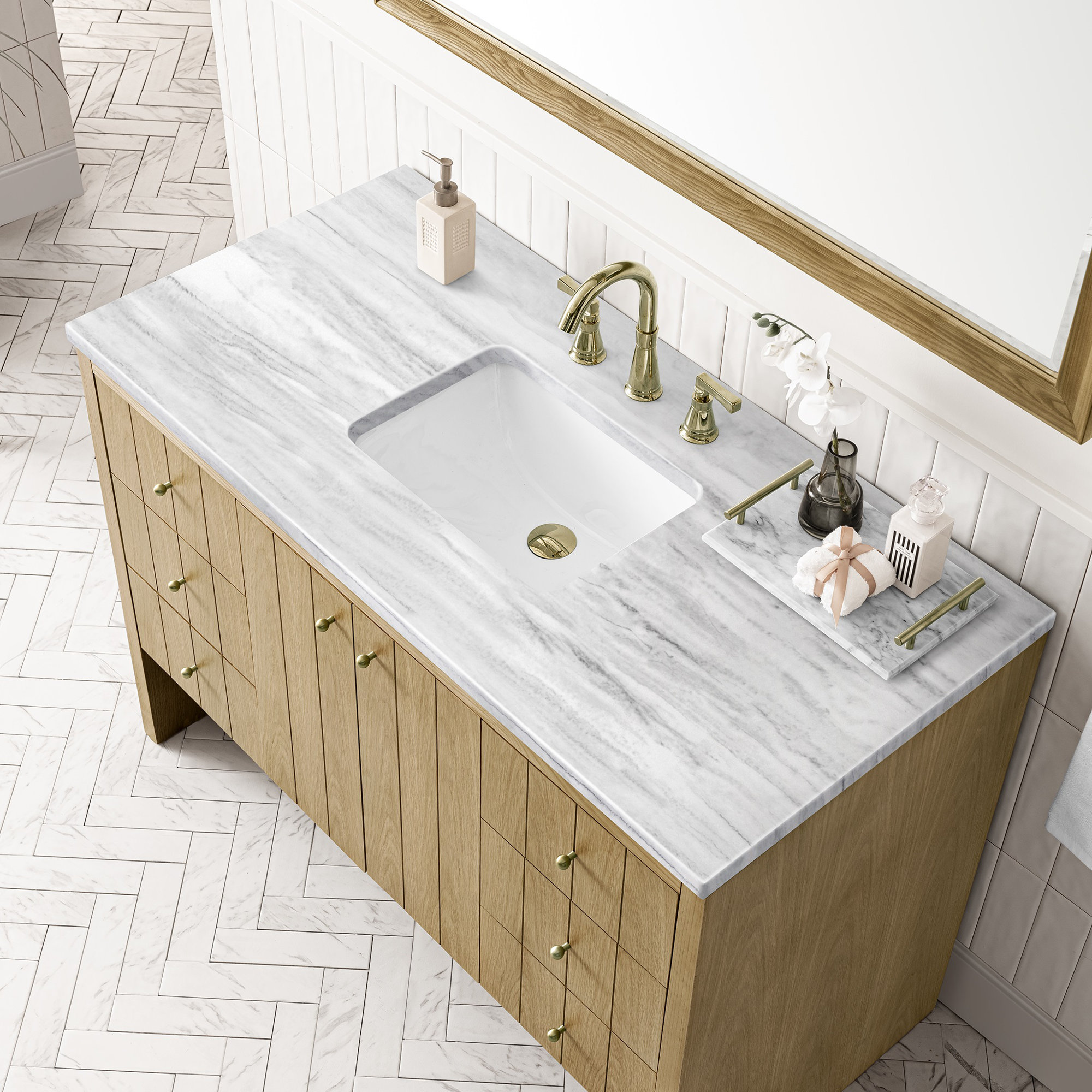 Hudson 48'' Single Bathroom Vanity, Cala Blue Quartz, Light Natural Oak, 8" Widespread