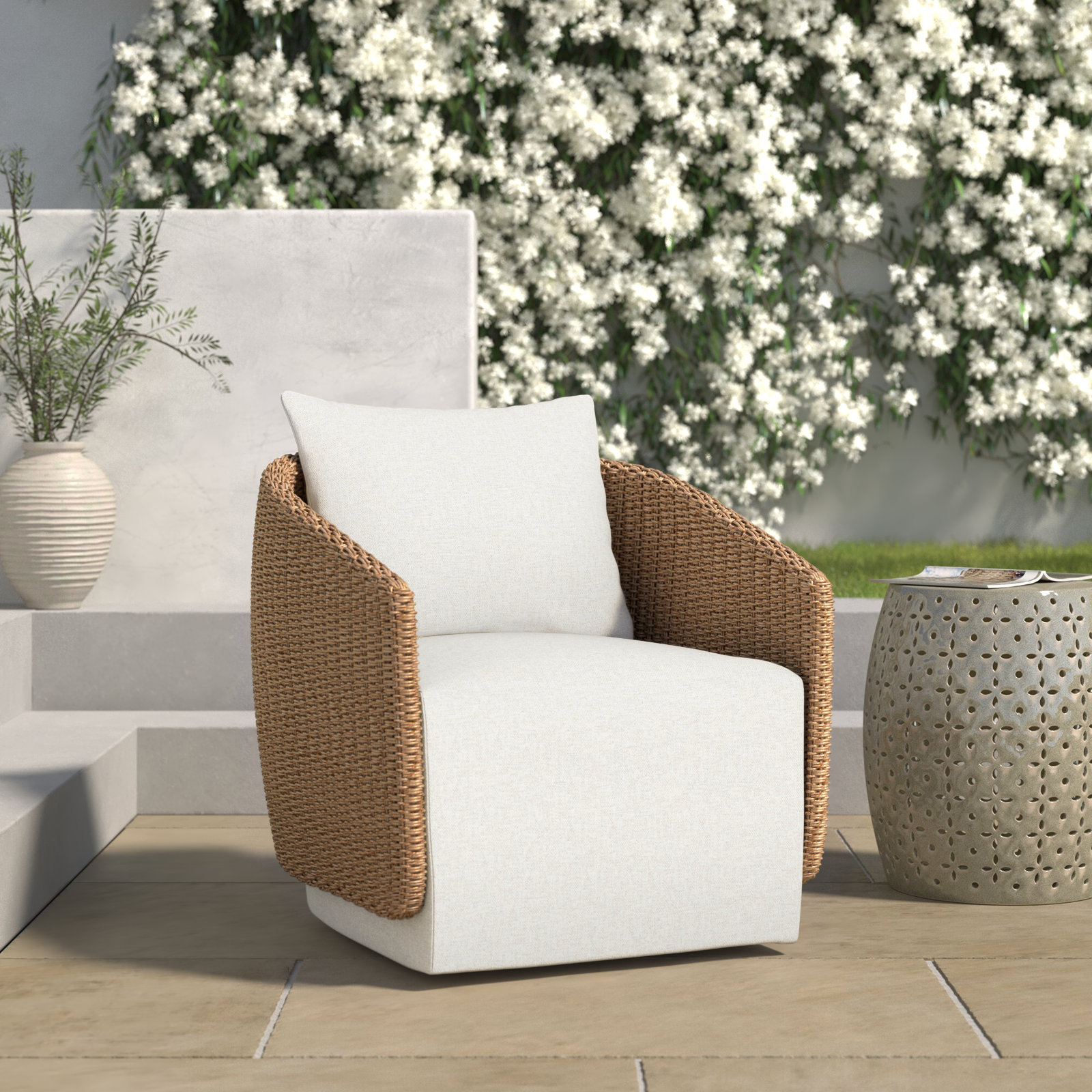 Odyn Swivel Wicker Outdoor Lounge Chair, Alessi Linen, Faux Dark Hyacinth