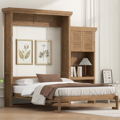 Queen Murphy Bed with Storage Shelves & Louvered Design — Space-Saving Wall Bed, Wood Color