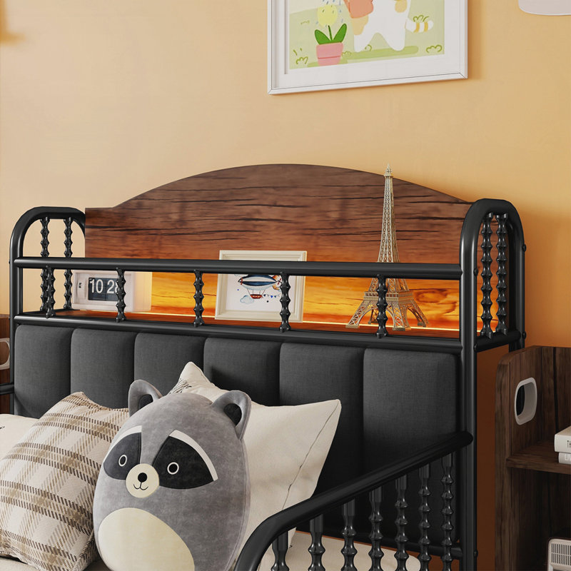 Lit en métal avec tête de lit rembourrée, rangement escamotable et lumières DEL pour plus de confort et de sécurité, Noir