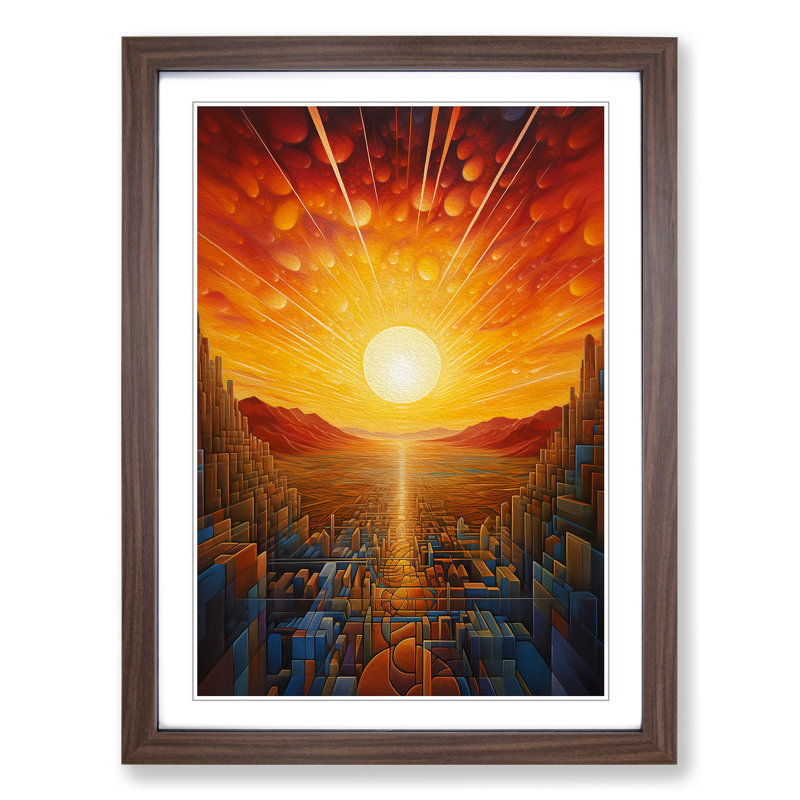 Sunrise Futurism - Single Picture Frame Print on Wood, 46cm H x 34cm W x 2cm D, Walnut