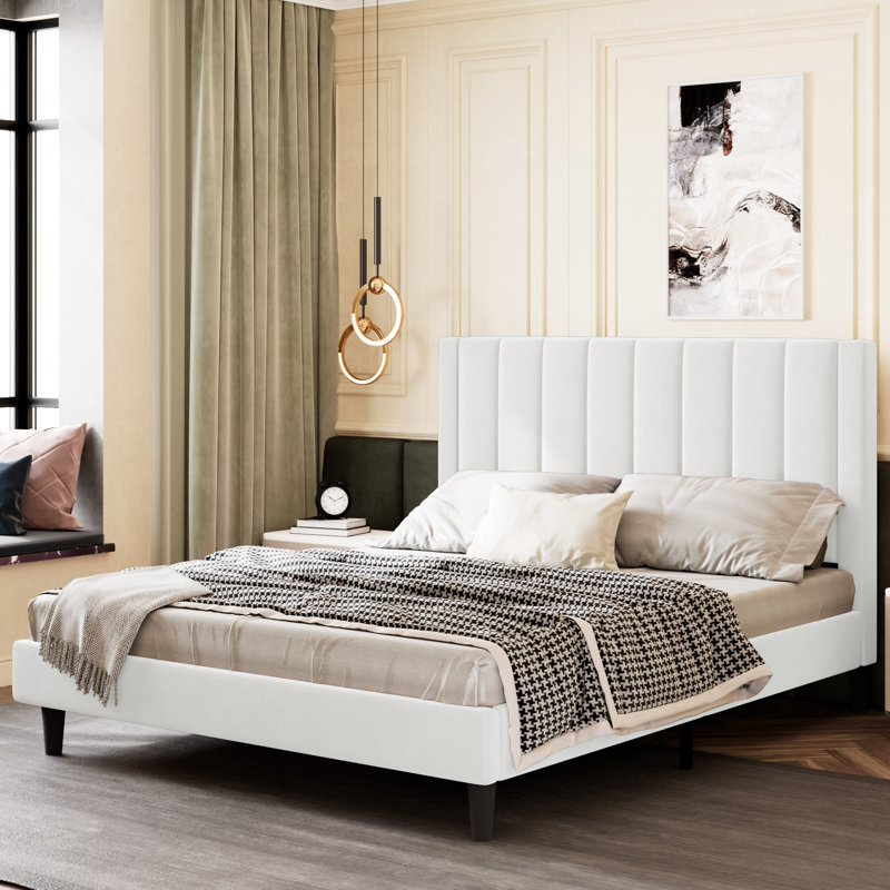 Lit plateforme tapissier Ozella - Aucun sommier requis, assemblage facile, Lit double, Blanc