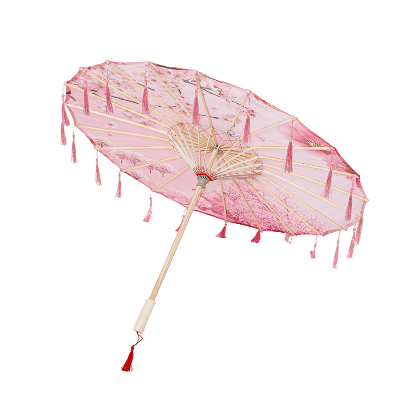 Classic Chinese Art Asian Style 33" Silk Parasol Umbrella With Tassels For Wedding Parties, Photography, Costumes, Cosplay, Decoration And Other Events - Pink With Cherry Blossoms
