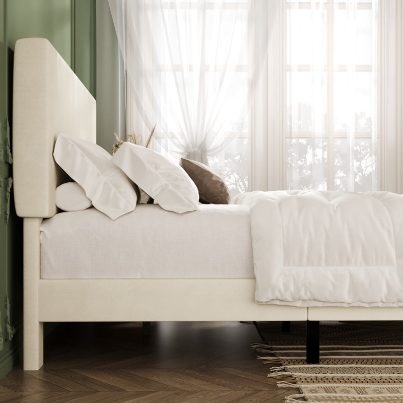 Modern Upholstered Platform Bed Frame With Adjustable Headboard, Textured Bouclé Fabric, Grand lit, Cream Velvet