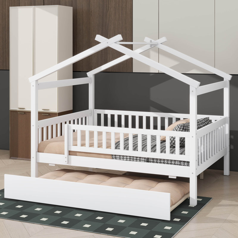 Wooden House Bed with Trundle, White, Full