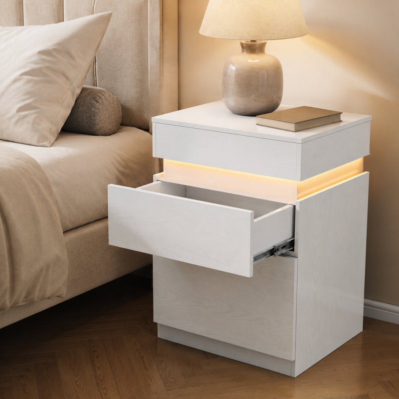 Table de chevet blanche à 3 tiroirs avec station de charge intégrée et éclairage à DEL RVB, table de chevet moderne à plateau coulissant blanc