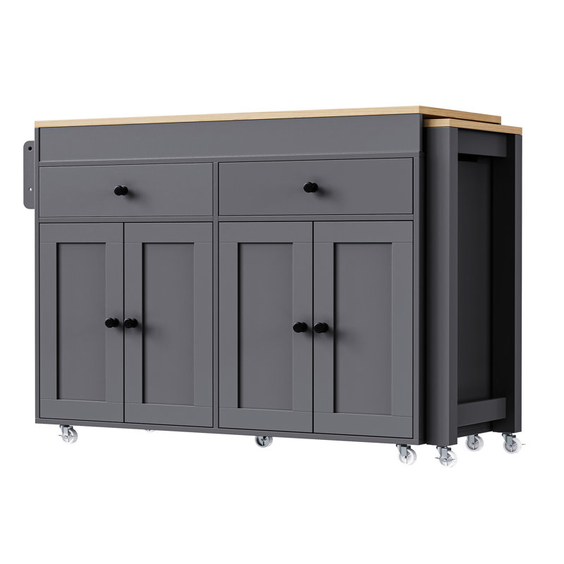 Îlot de cuisine avec roulettes verrouillables et armoire à 4 portes - fonction de salle à manger extensible lisse et grise