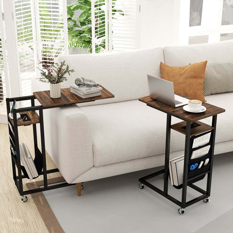 2 PCS C-shaped End Table with Charging Station Rolling Bedside Table Couch Side Table, 2
