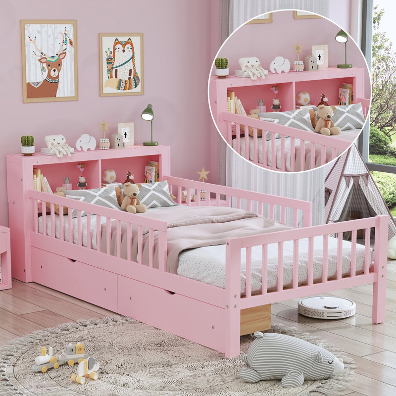 Lit plateforme rose simple avec garde-corps, tête de lit et tiroirs de rangement, cadre de chambre d'enfant, Rose