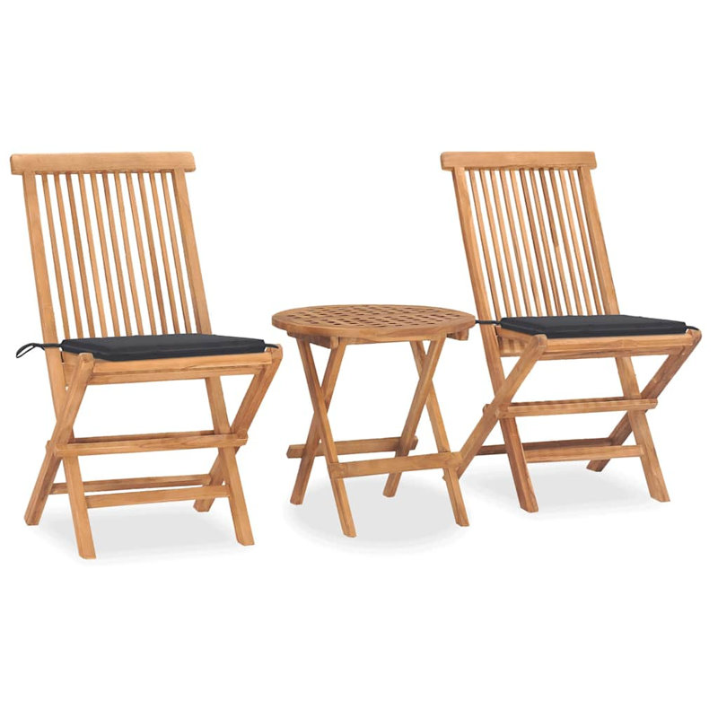 Ensemble de salle à manger pliable avec coussin en bois de teck George Oliver 3 pièces George Oliver, Noir
