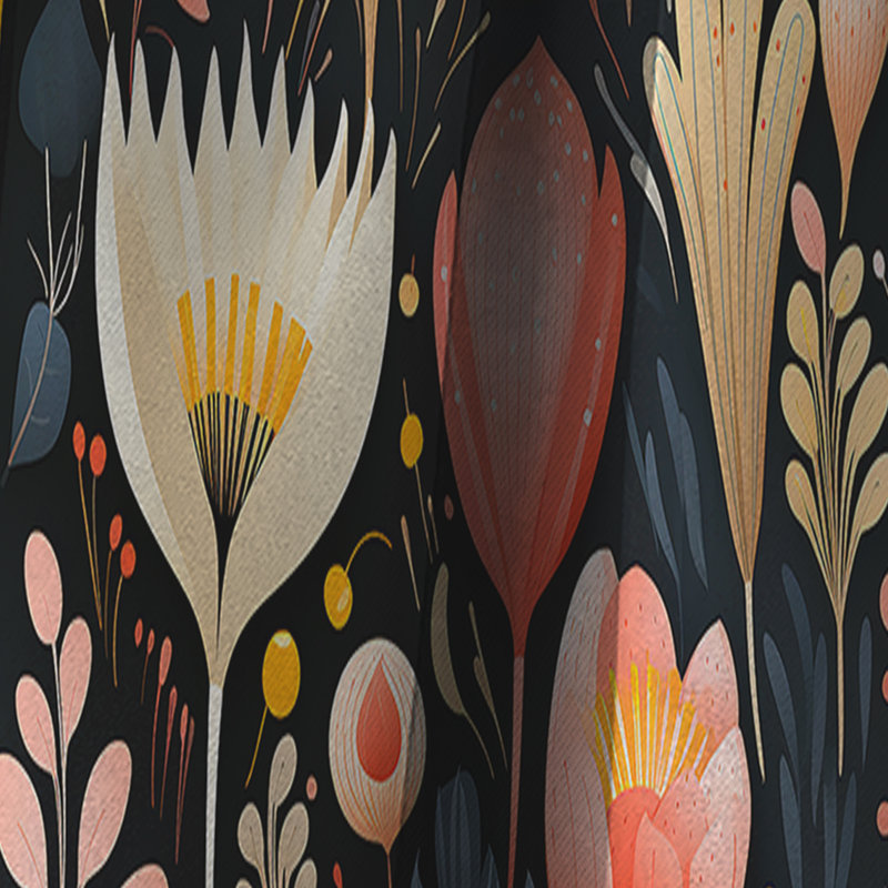 Feuilles multicolores botaniques sur motif noir I - Rideau occultant floral - 1 panneau, L 52 po x L 95 po