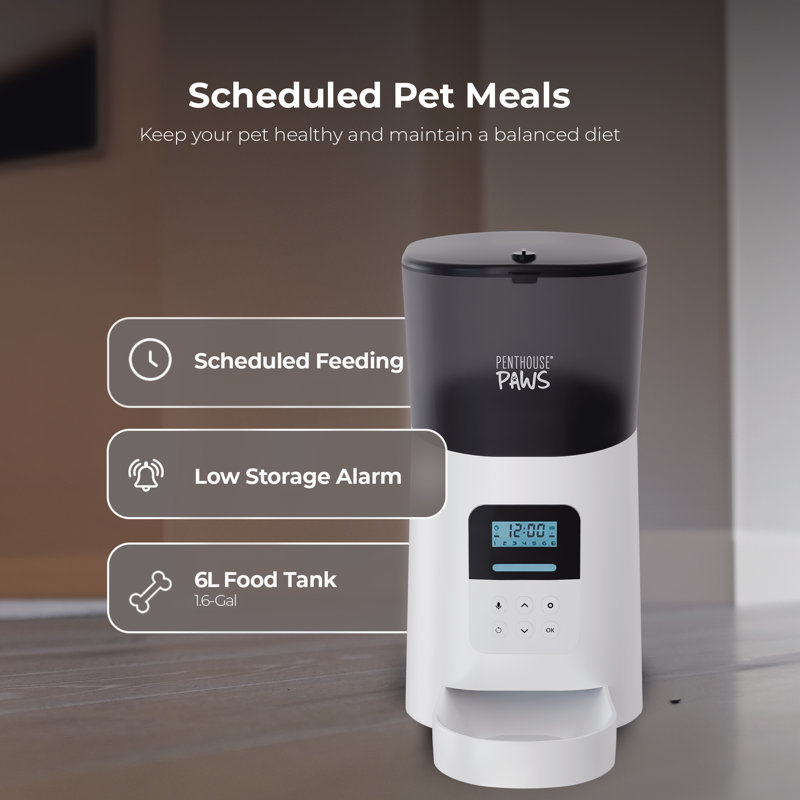 Penthouse Paws® Smart Automatic Dog Feeder with LCD screen– 6L Capacity, App-Controlled, Voice Recorder, Anti-Jam, Battery Backup