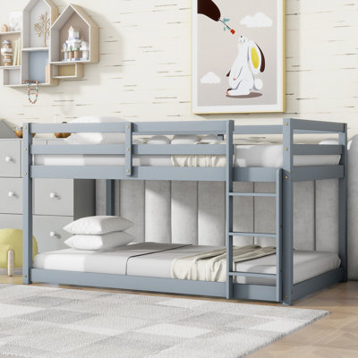 Solid Wooden, Solid Rubber Wooden Floor Bunk Bed With Ladder ,Upper And Bottom Bed Platforms Crafted With Strengthened Slats
