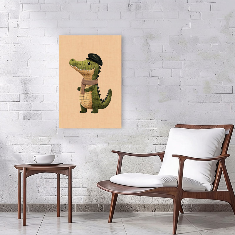 Cute Dapper Crocodile Playful Whimsical Contemporary Alligator Crocodile Wall Art Print by Mathieu - Wrapped Canvas Print