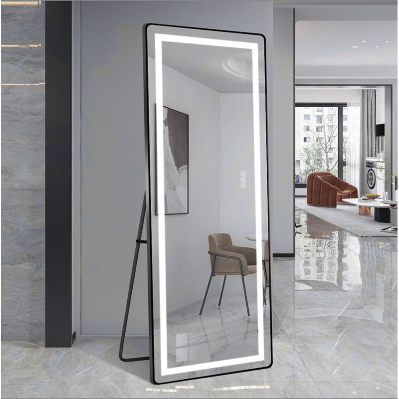 64 Inch X 21 Inch Full-Length Vertical Mirror With LED Light, Illuminated Floor Mirror With Bracket, Dimming Wall Mirror With Full-Length Aluminum Alloy Thin Frame, Black