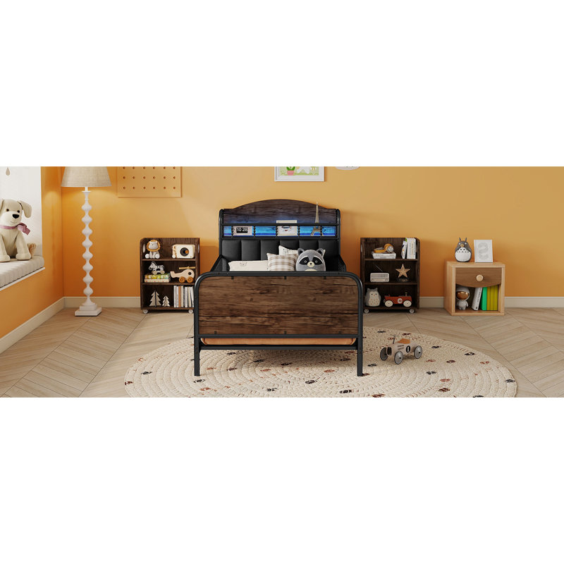 Lit simple avec lumières DEL, 3 tablettes de rangement et garde-corps pleine longueur, tête de lit tapissier en métal noir, conception à profil bas