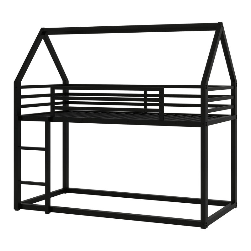Twin Over Twin Metal Floor Bunk Bed With Ladder And Guardrail, House Shaped Bunk Bed Frame With Metal Slats, Black