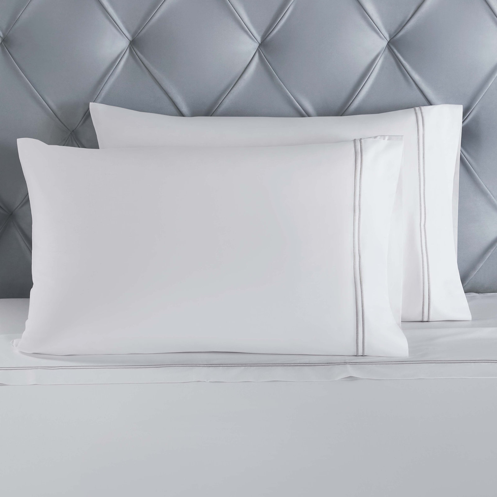 Two-Line Embroidered Cotton Sheet Set, King Sheet Set with 2 Pillowcases, White/Silver