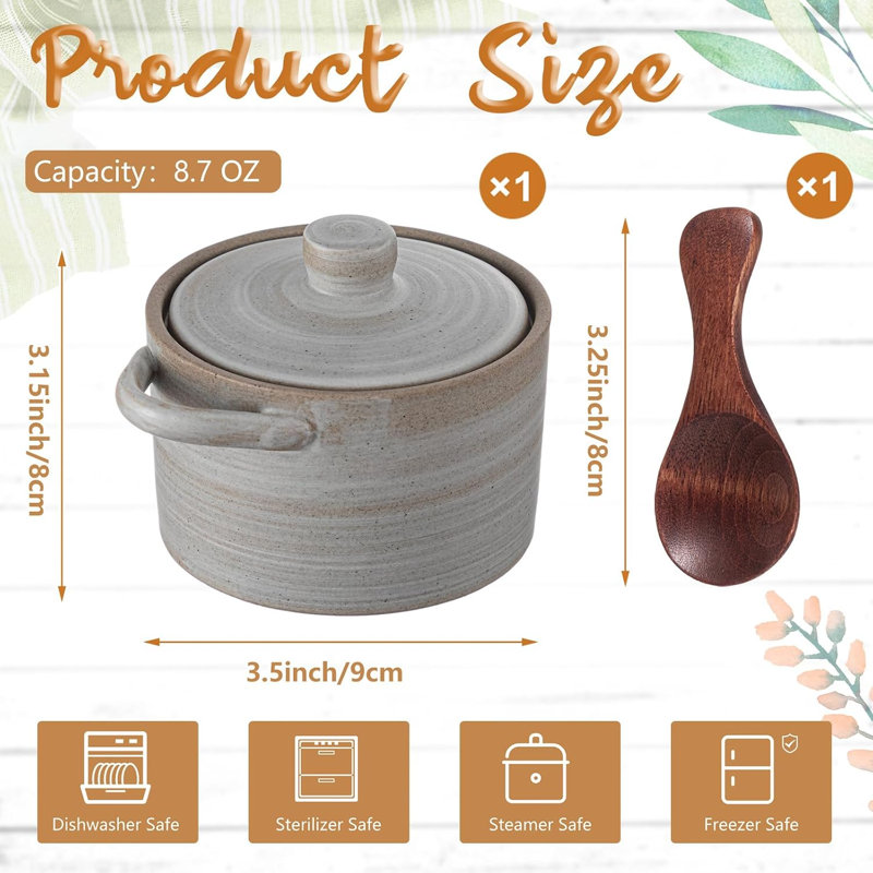 Pot à sel vintage en céramique mouchetée avec couvercle en bois, 9 cm de diamètre, pot à épices de comptoir