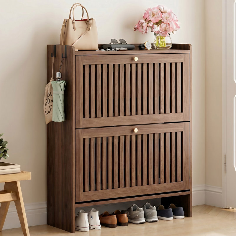 16 Pair Shoe Storage Cabinet With 2 Flip Drawers And Adjustable Shelves, Brown Wood