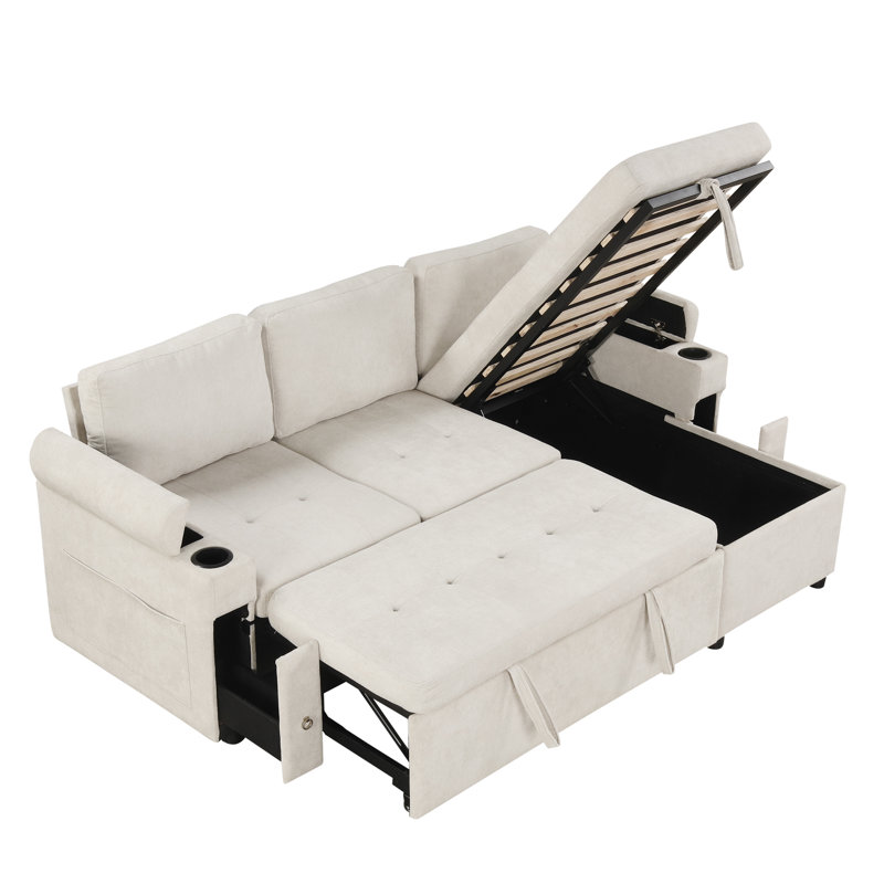 83.5″ L-Shaped Convertible Sofa Bed with Storage, Beige