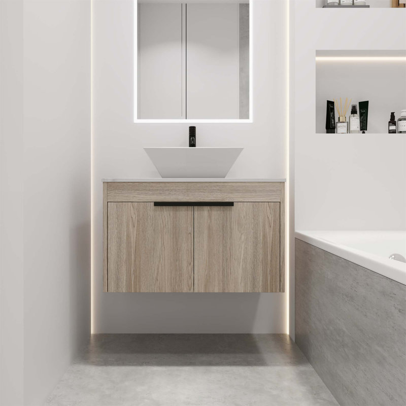 Meuble-lavabo mural simple 29,5 po avec plateau en pierre frittée Clemaville