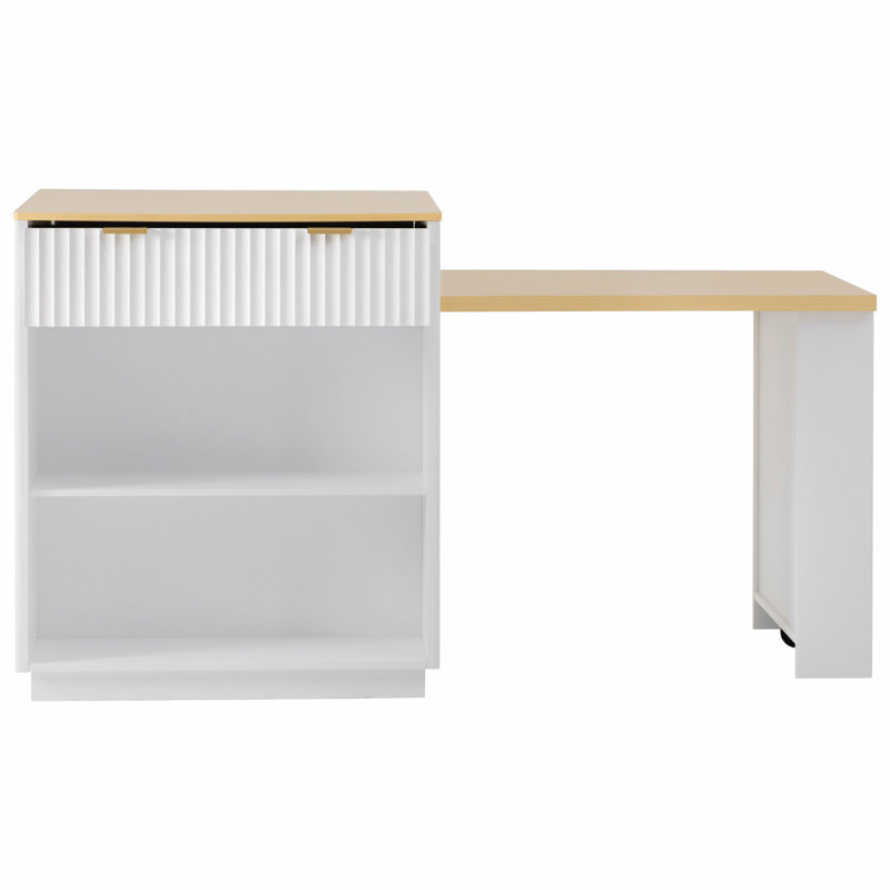 82.6" Fluted Kitchen Island with Extendable Dining Table for 4-6, Island Table for Kitchen with Power Outlet, Kitchen Table with Double-Side Storage, 2 Drawers 2 Side Open Shelves, White