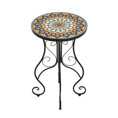 Round Outdoor Table With Floral Detail And Base Tile Side Colorful Hues Weather-