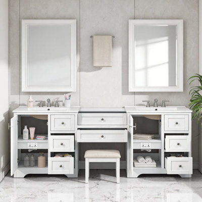 Élégant meuble-lavabo à double cuve avec plateau en pierre d'ingénierie de qualité supérieure, espace de rangement luxueux et massif à fermeture en douceur