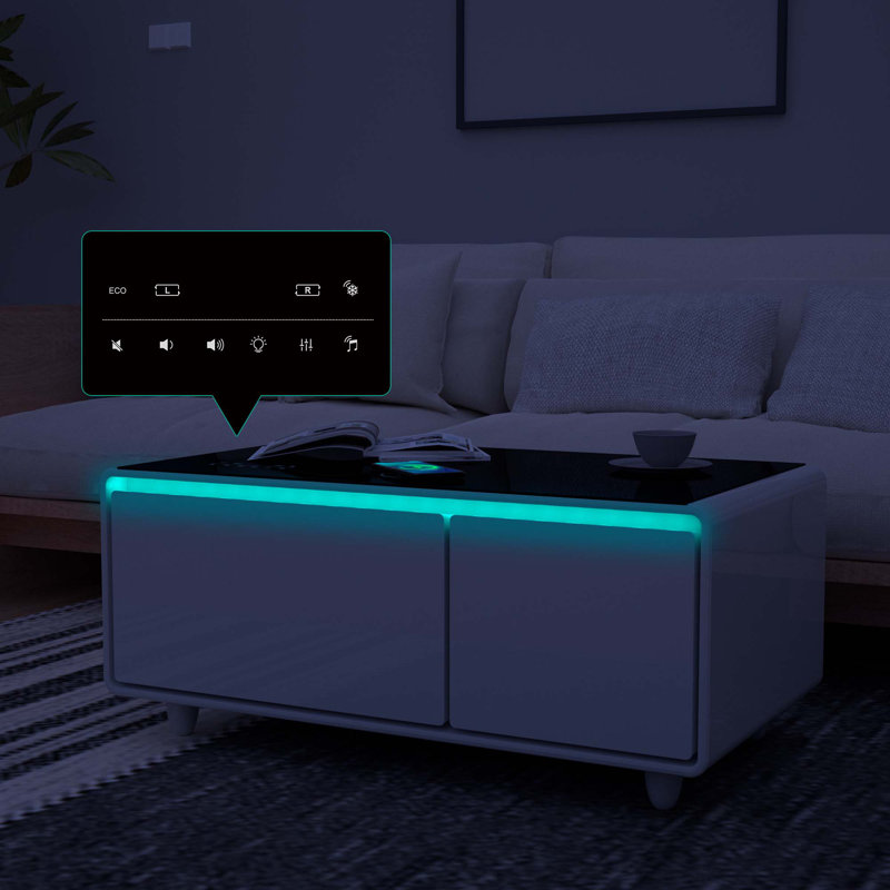 Smart Coffee Table With Built-In Fridge, Bluetooth Speaker, Wireless Charging, Touch Control Panel, USB Ports, Outlet Protection, Atmosphere Light