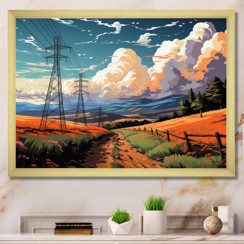 " Power Lines Gridscape Serenade III ", Gold Single Picture Framed, 12" H x 20" W x 1" D