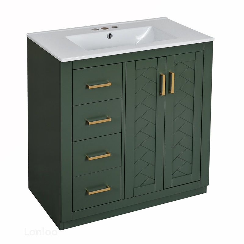 30" Bathroom Vanity with Ceramic Sink Combo, Solid Wood Frame, 3 Drawers & Soft Closing Doors, Green