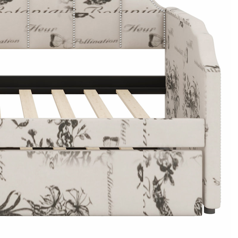 Upholstered Daybed with Pop-Up Trundle for Guest Room & USB Charging Ports, Botanical Print