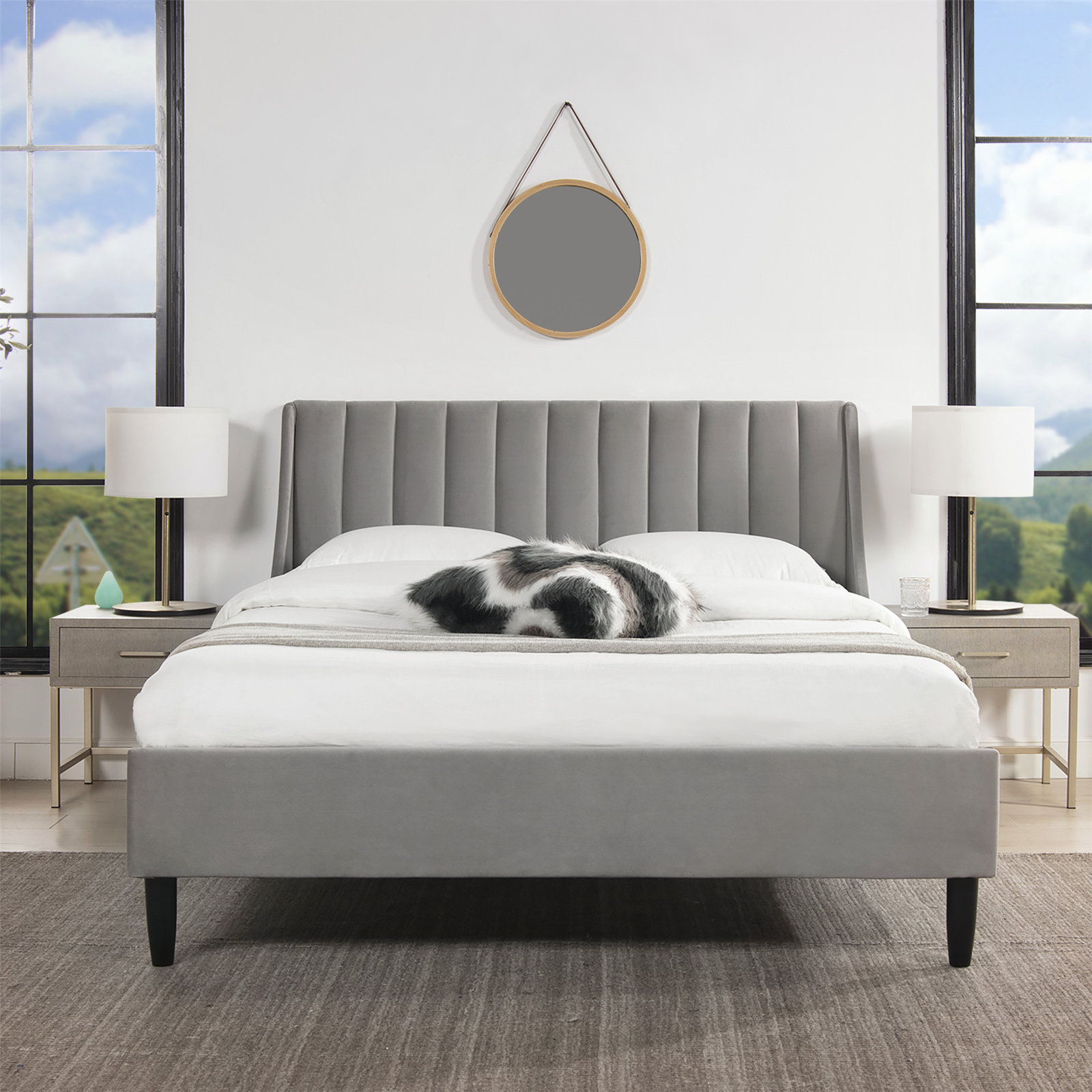 Helaina Upholstered Wingback Bed, Queen, Gray Velvet