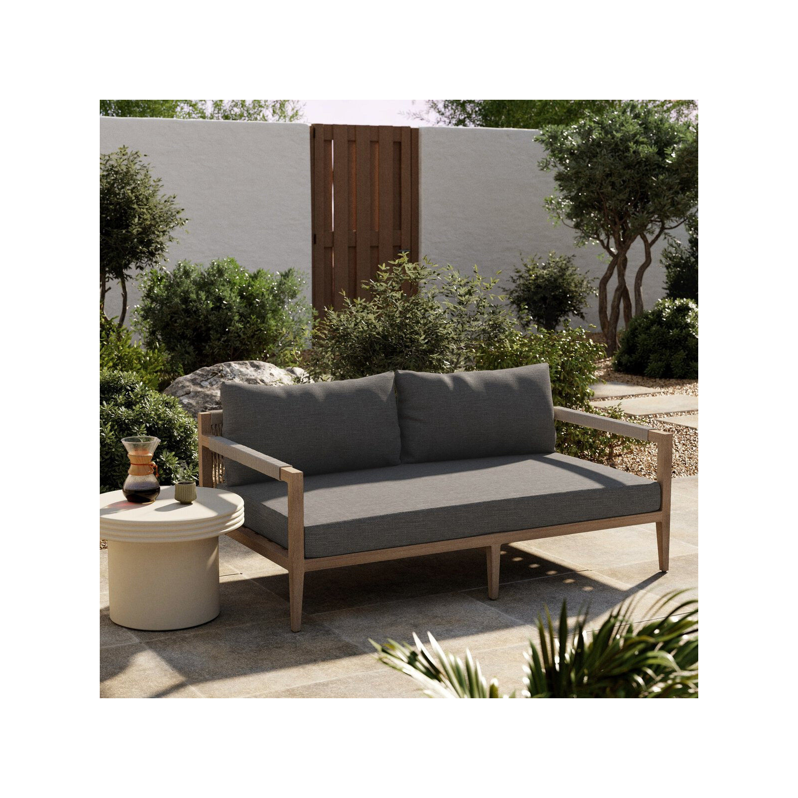 Kristine 63'' Wide Loveseat with Cushions, Washed Brown, Gray Cushion/Brown/Gray Frame
