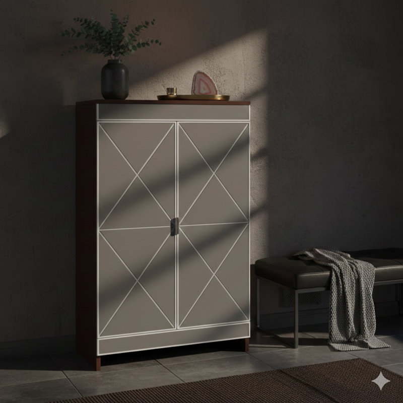 Élégante armoire de rangement décorative avec miroir pleine longueur et bordure argentée, unité de rangement à chaussures à double porte pour les entrées, fabrication en verre avec cadre brun