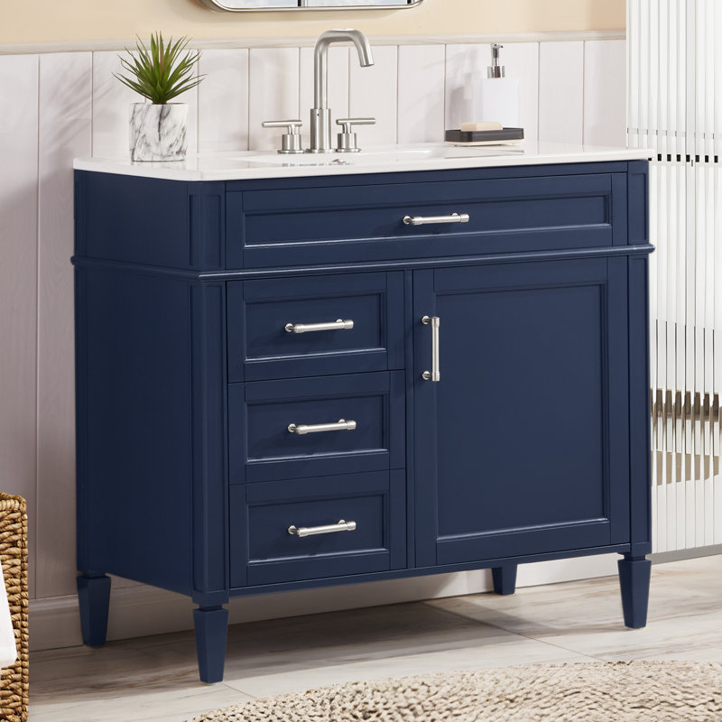 Meuble-lavabo en bois massif 36 po, Bleu / Argent