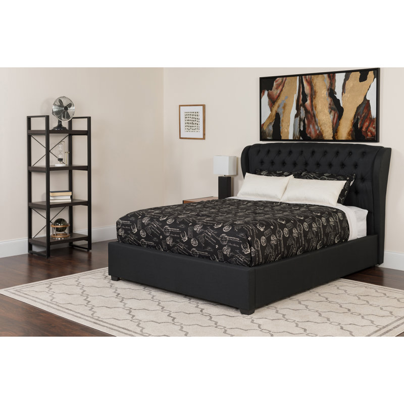 Lit plateforme capitonné avec matelas Haleigh, Grand, Noir