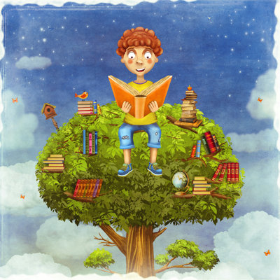 Young Boy Sitting On A Tree And Reads A Book by Maroznc - Wrapped Canvas Print