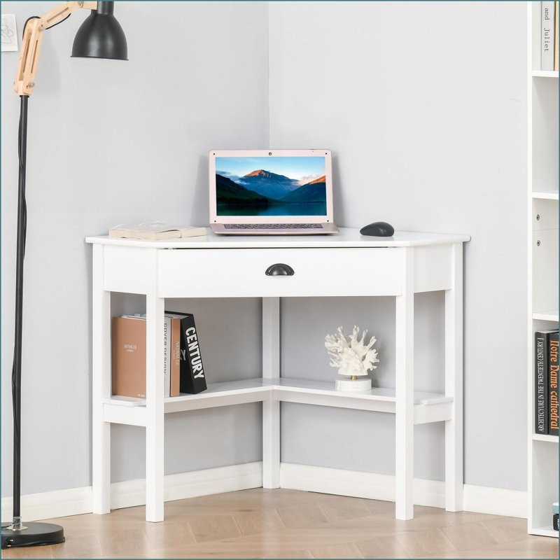 Bureau d'ordinateur de coin de bureau compact avec tiroir & amp; Tablettes de rangement, poste de travail de bureau à domicile pour petits espaces | Blanc | Panneau de fibres à densité moyenne P2