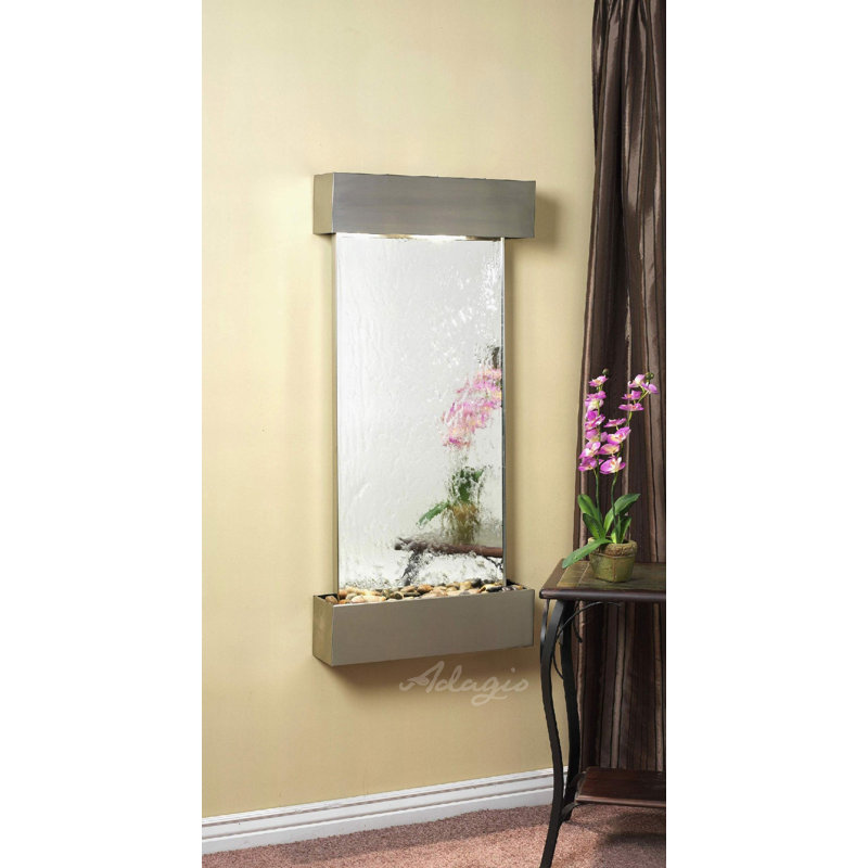 Cascade Springs Natural Stone Waterfall Fountain with Light, Silver Mirror, Stainless Steel