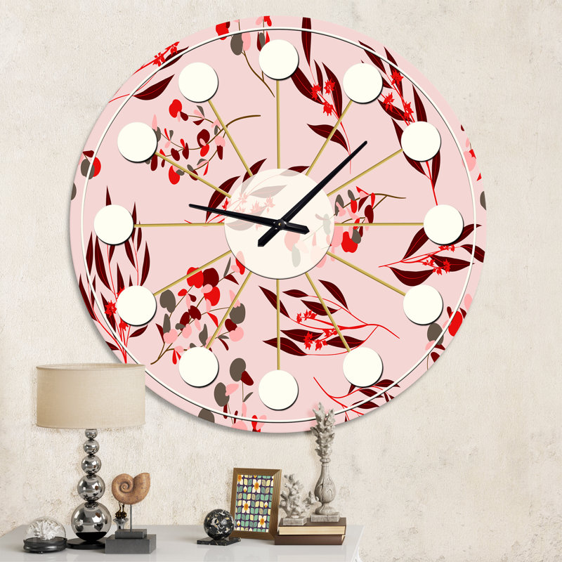 Lumineux motif floral d'eucalyptus II - horloge murale moderne Mid-Century, Moyenne