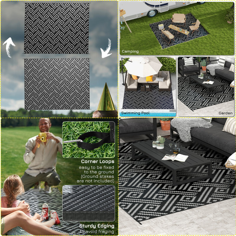Reversible Waterproof Outdoor Rug - Portable RV Camping Mat With Carry Bag,  Rectangle 9' x 12'