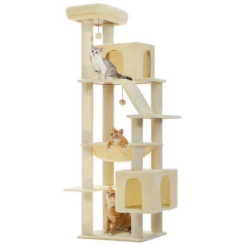 Maison pour chat de 71 po à deux niveaux avec 2 grands coussins, hamac douillet et poteaux à griffes 71 po, Beige