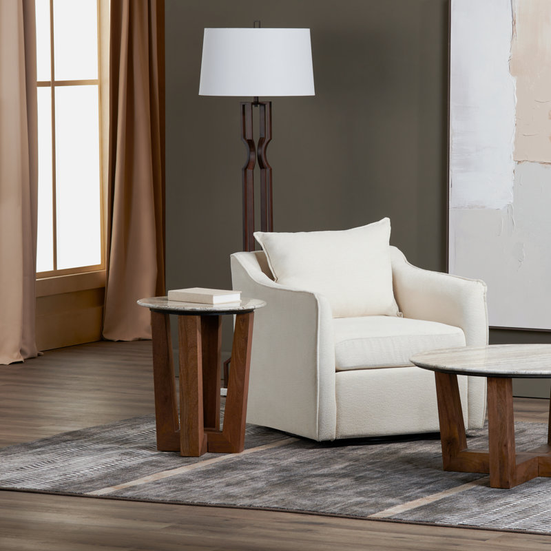 Table de bout ronde décorative en pierre de travertin gris naturel avec veines blanches, anthracite et brunes et base en bois massif brun