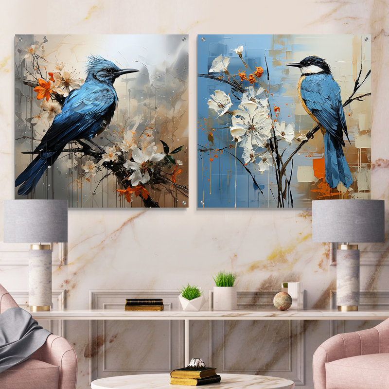 Oiseau bleu, minimalisme, fleurs blanches, oiseau, H 16 po x l 33 po